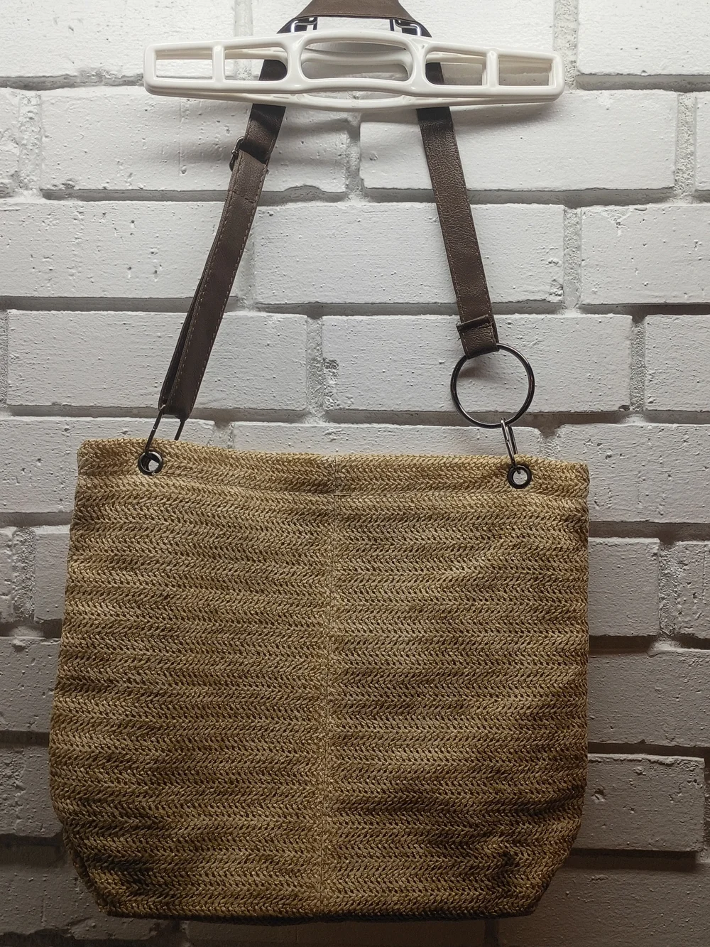 Woven Straw Tote Bag with Brown Adjustable Strap Magnetic Close